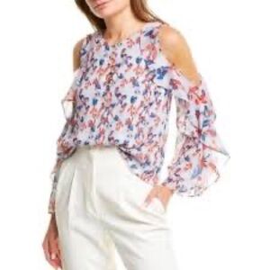 Tanya Taylor Asymmetrical Ruffled Blue and Pink Blouse